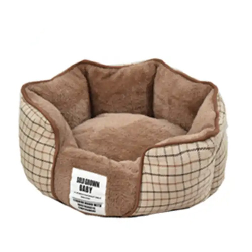 Plaid soft cat bed comfy warm dog bed coffee polar fleece round pet nest